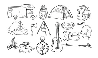 camping equipment handdrawn illustration engraving