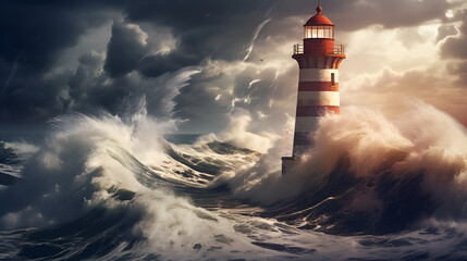 lighthouse in the night,3D Rendering of a Stormy Lighthouse.AI Generative 