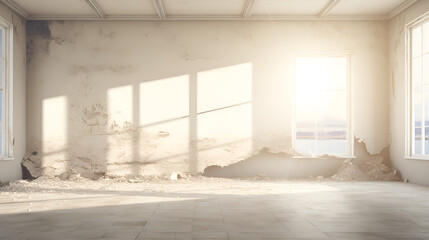 Home in Ruins: Sunlight and Shadows on a Dirty Wall,empty room with windows.AI Generative 