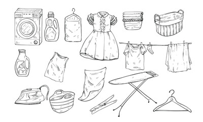 laundry equipment handdrawn illustration engraving