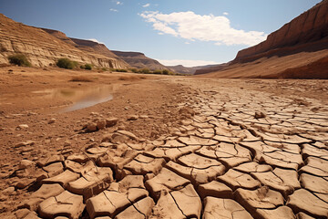 Cracked dry riverbed, showcasing the effects of climate change on water resources - obrazy, fototapety, plakaty