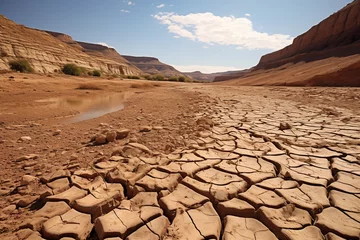 Foto op Plexiglas Cracked dry riverbed, showcasing the effects of climate change on water resources © evgenia_lo