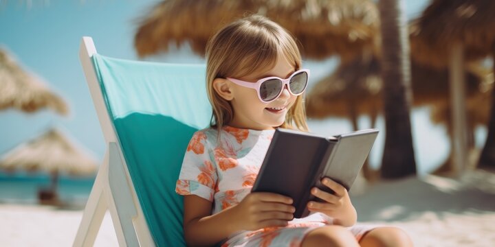little girl reading on the beach wearing sunglasses, generative AI