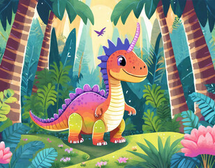 Illustration of cute rainbow dinosaur cartoon in the jungle