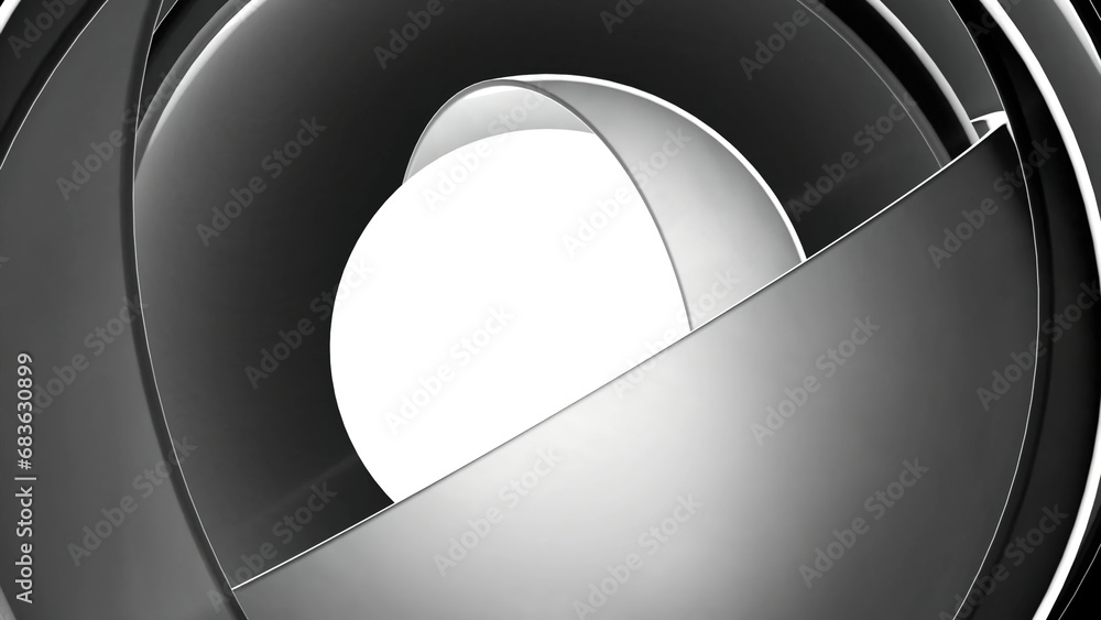 Poster abstract geometric background with white core hidden behind metal blades. design. circular segments 