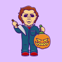 Cute Boy Wear Mask Holding Knife And Pumpkin Cartoon Vector Icons Illustration. Flat Cartoon Concept. Suitable for any creative project.