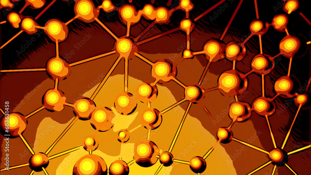 Poster abstract plexus background with metal spheres and lines trembling. design. up and down moving balls 