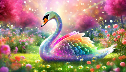 Illustration of cute rainbow swan on the beautiful garden