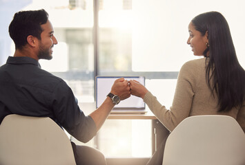Man, woman and business fist bump for meeting laptop or partnership, winning or goal strategy....