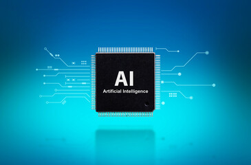 Artificial intelligence AI and machine learning concept , Black microchip isolated and electronic circuit pattern on blue background