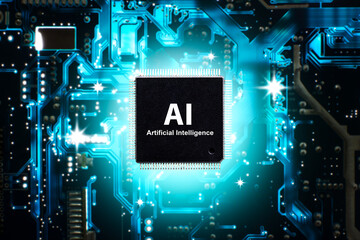Artificial intelligence AI and machine learning concept , Black microchip isolated and electronic...