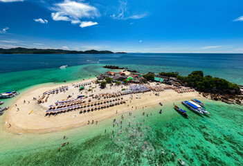 Aerial view drone shot of Amazing small island beautiful tropical sandy beach landscape view at koh Khai maew Island in Phang Nga Thailand,Amazing small island with many Cats live in small island