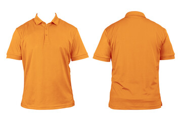 Blank clothing for design. Orange polo shirt, clothing on isolated white background, front and back...