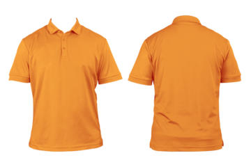 Blank clothing for design. Orange polo shirt, clothing on isolated white background, front and back view, isolated white, plain t-shirt. Mockup.