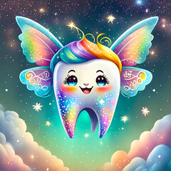 Illustration of cute rainbow tooth fairy on starry background