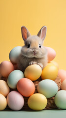 Fototapeta na wymiar A curious bunny peers out from a basket filled with pastel Easter eggs, complemented by a bright yellow background.