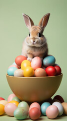 Fototapeta na wymiar Bunny proudly sits atop a bowl overflowing with Easter eggs, highlighted by a gentle green background for a natural feel.