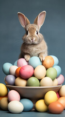 Fototapeta na wymiar Inquisitive rabbit sits atop a mound of multihued Easter eggs, set against a calming blue backdrop.