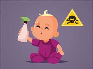 Little Baby Holding a Poison Sprayer Bottle Concept Illustration. Unsupervised infant playing with dangerous substances 
