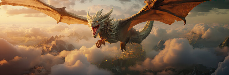 an image of an asian dragon flying in the clouds