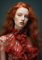 Beautiful Woman Model with red Hair and pale Skin in haute couture fashion on clear Background