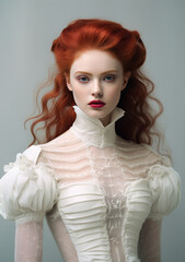 Beautiful Woman Model with red Hair and pale Skin in haute couture fashion on clear Background - obrazy, fototapety, plakaty