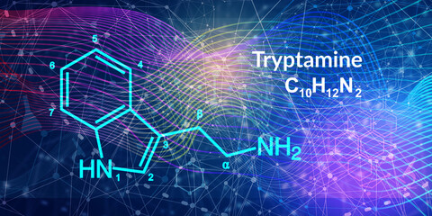Skeletal formula of alkaloid Tryptamine. Chemical molecule.