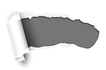 Paper hole with torn edges design template. Royalty high-quality free stock image of elongated torn paper fragments isolated on white background,  hole in the sheet of torn paper fragments overlay