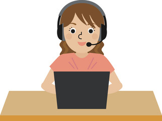 ヘッドホンを着用してオンラインで会話をしている日本人女性の正面画