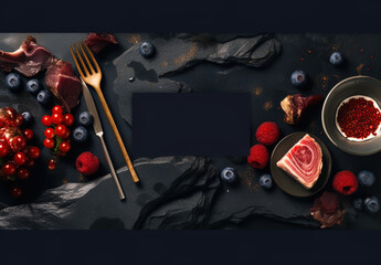 Includes vegetables and fruits background with frame, generative ai