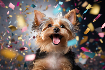 Little dog happily jumping around in confetti