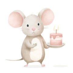 Watercolor mouse with a cake