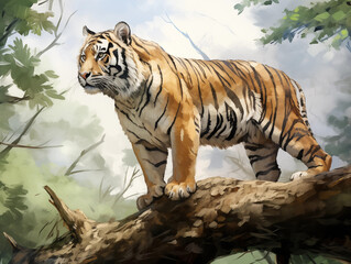 Obraz premium Abstract watercolor painting of a Bengal tiger. Used for making posters, wallpaper, cards, stickers, brochures.