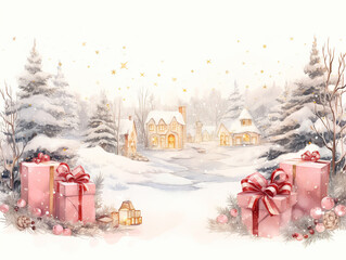 Ilustracja śnieżnego krajobrazu z prezentami i migoczącymi światłami