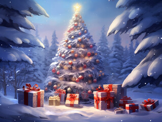 Ilustracja śnieżnego krajobrazu z prezentami i migoczącymi światłami