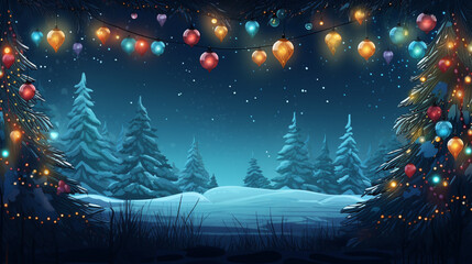 Tło ze śnieżnym zimowym nocnym leśnym krajobrazem i świecącymi się lampkami. - obrazy, fototapety, plakaty
