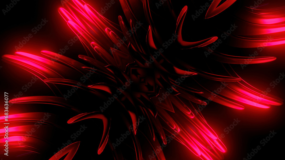 Aufkleber spinning object with neon thorns on a black background. design. abstract blades with sharp tips.