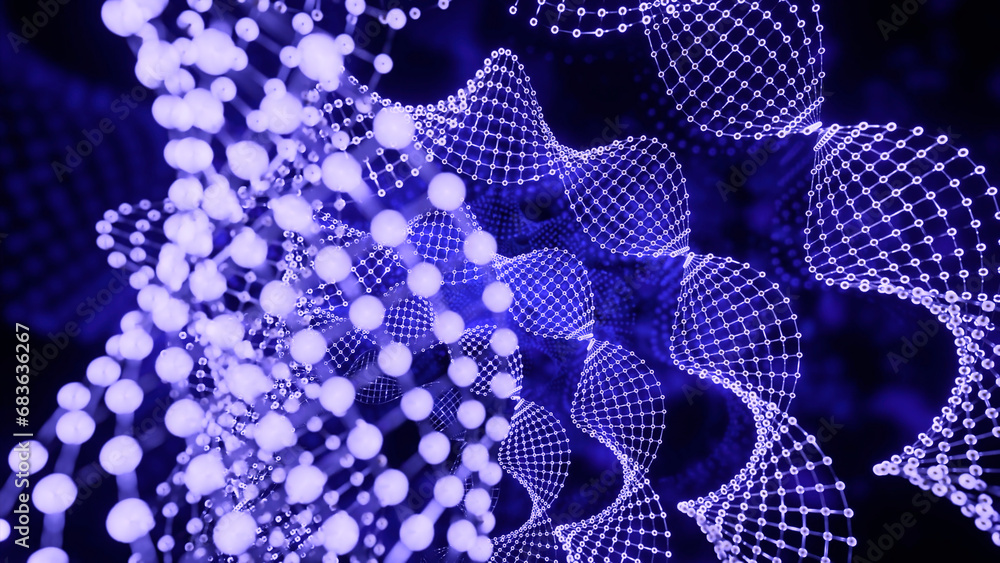 Poster abstract spinning many dna spirals of many tiny dots. design. concept of science.