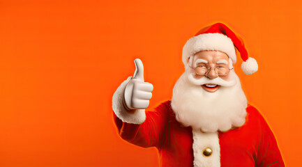 Fototapeta na wymiar santa claus on orange background with thumbs up
