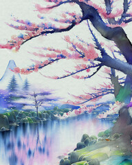 Watercolor Painting Cherry blossoms - Japanese cherry - Pink Sakura floral in soft color over nature background