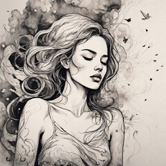 Beautiful woman in dreams, ink style. ai generative