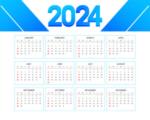 modern 2024 new year calendar template in white and blue color