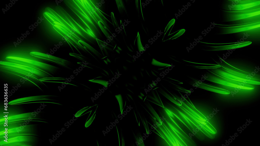 Poster spinning object with neon thorns on a black background. design. abstract blades with sharp tips.