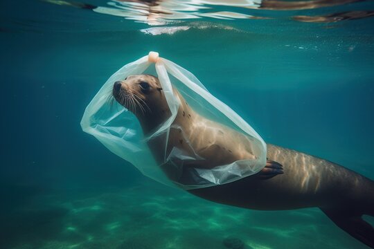 A sea lion entangled in a plastic bag, ocean pollution, plastic pollution, underwater photo, seal