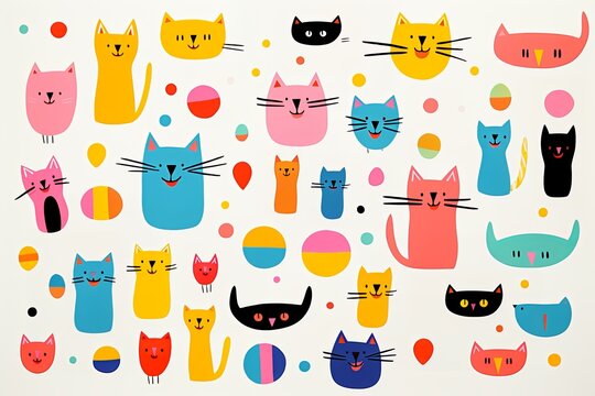graphic background of Colorful Assortment of Playful Cat Illustrations and Patterns