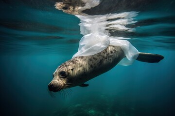 Naklejka premium A sea lion entangled in a plastic bag, ocean pollution, plastic pollution, underwater photo, seal
