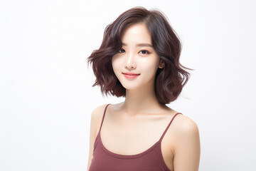 Fototapeta premium Asian woman in white top camisole poses against clean white wall with her black hairstyle, fresh bare skin, the concept of beauty, skincare, and health wellness. Generative AI.