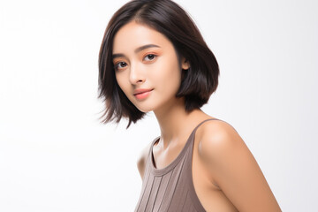 Fototapeta premium Asian woman in white top camisole poses against clean white wall with her black hairstyle, fresh bare skin, the concept of beauty, skincare, and health wellness. Generative AI.