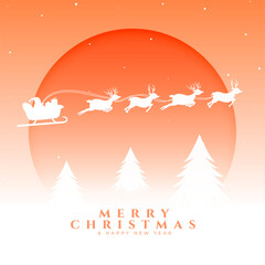 merry christmas festive tree background with flying santa sleigh