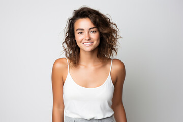 Obraz premium Asian woman in white top camisole poses against clean white wall with her black hairstyle, fresh bare skin, the concept of beauty, skincare, and health wellness. Generative AI.